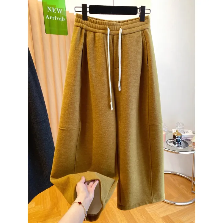 大码女装高级感加绒加厚阔腿裤冬2025新款胖mm宽松保暖休闲九分裤