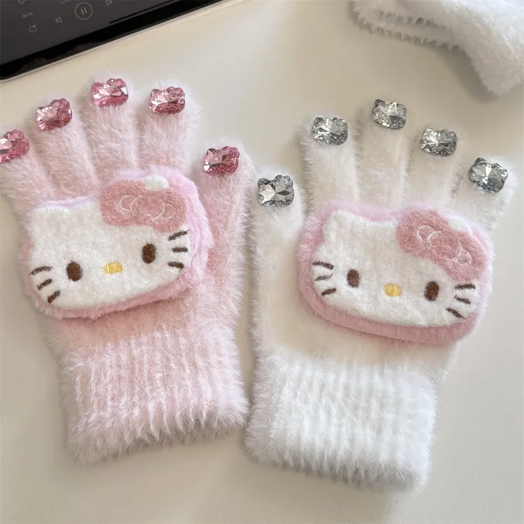 新款猫咪高颜值闪钻手套女软糯毛绒加厚保暖女学生闺蜜防寒手套
