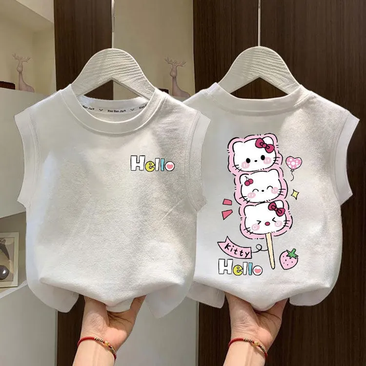 夏季新款中小童韩系ins风上衣t恤女童宝宝甜美kitty猫纯棉背心衫T