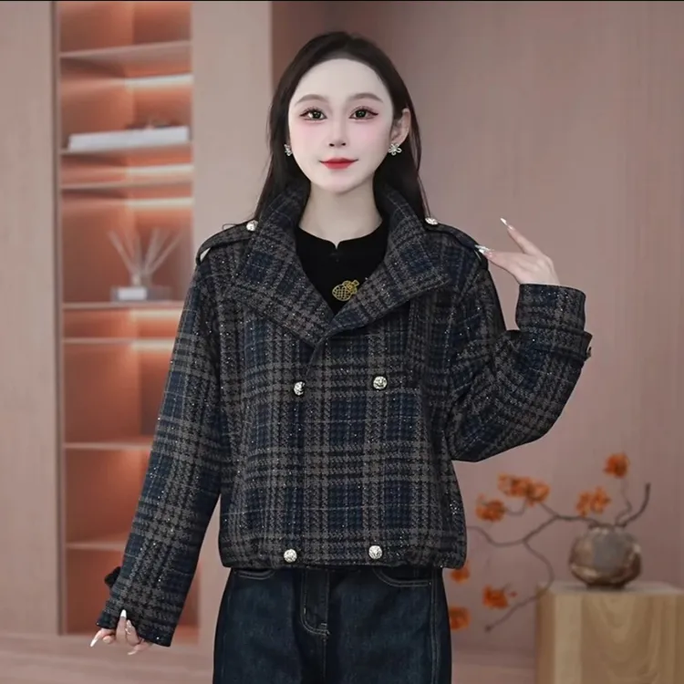 时尚格子外套女士2025秋季新款正肩显瘦百搭宽松短款休闲港风夹克