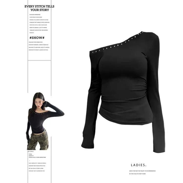 大码胖MM美式复古柳钉斜肩长袖T恤女秋2025设计感修身打底衫上衣