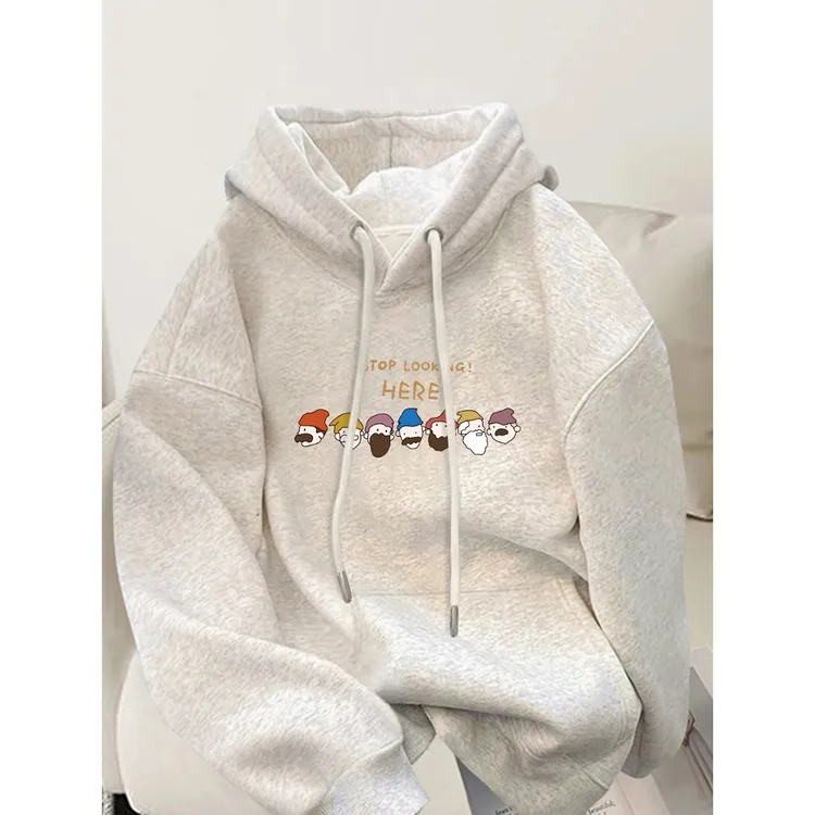 女大童秋季白灰色连帽卫衣女学生2025爆款加绒帽衫卡通上衣外套