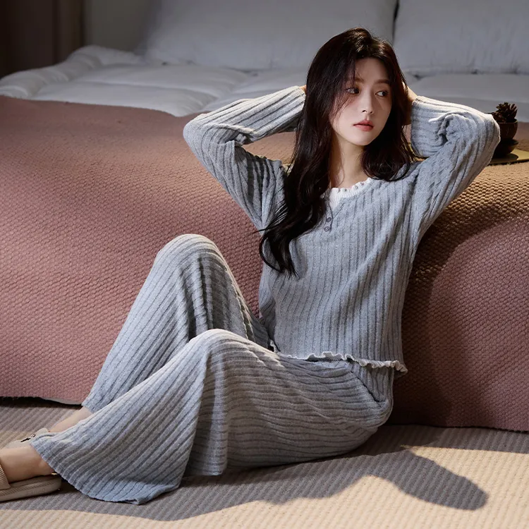 慵懒风睡衣女春秋冬季高级感坑条长袖长裤休闲显瘦简约保暖家居服