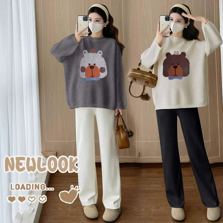 孕妇装秋装2025新款秋冬外穿卡通提花套头长袖宽松休闲百搭上衣女