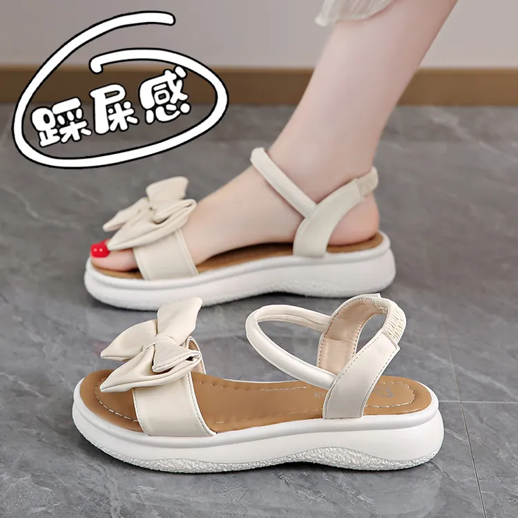 纯色低跟鞋子时装凉鞋蝴蝶结厚底浅口外穿防滑露趾