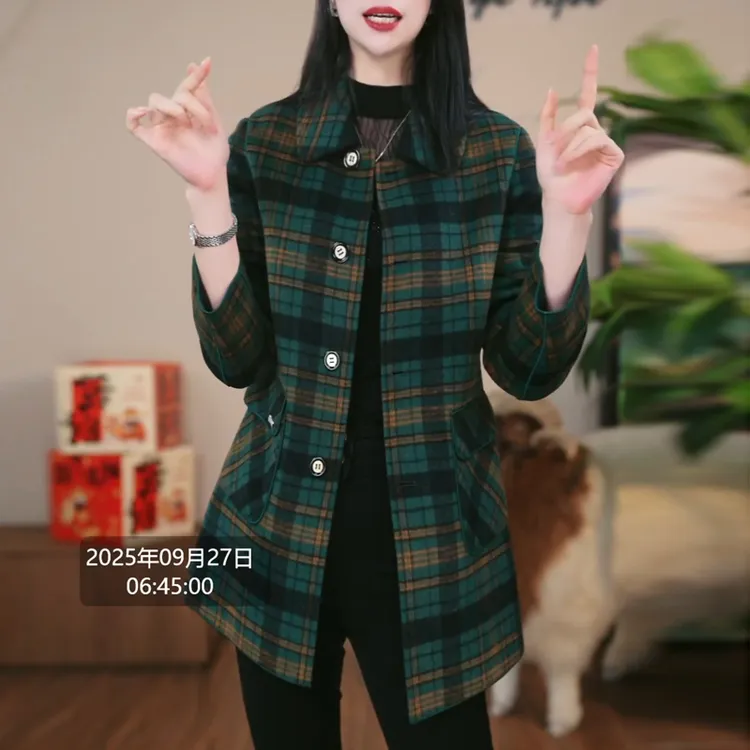双面穿格子外套女秋冬季新款中长风衣中年妈妈装时尚毛呢大衣修身