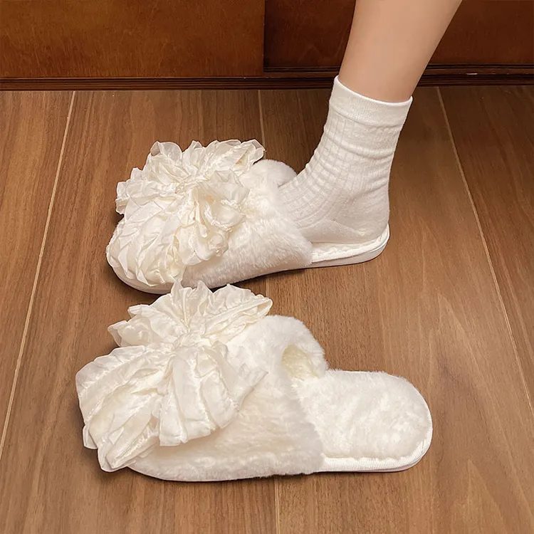 时尚蝴蝶结纯色毛毛拖女外穿2025秋冬新款毛绒居家平底舒适包头拖