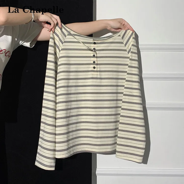 拉夏贝尔撞色条纹半开领纽扣长袖T恤女秋季慵懒风宽松百搭小上衣