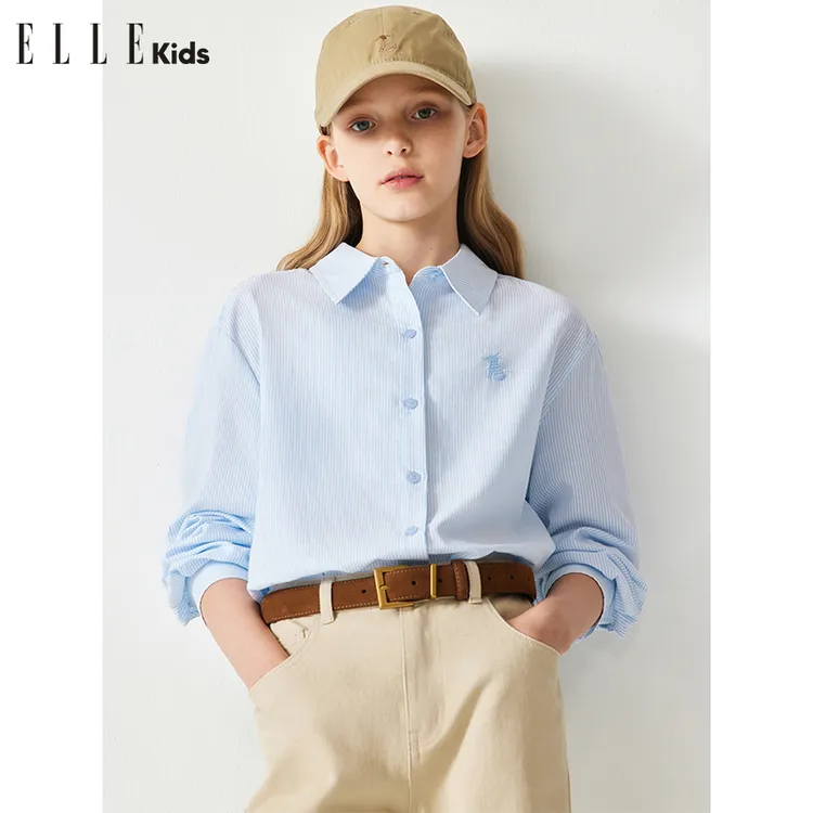 ELLE KIDS法式学院风条纹刺绣衬衫女童春装长袖衬衣