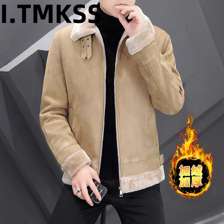 2026冬季翻领加绒加厚麂皮绒夹克外套男士短款中年修身保暖派克服