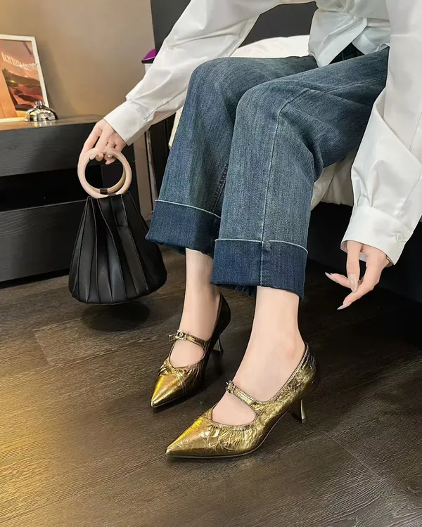 2025秋季新款真皮爆款蝴蝶玛丽珍高跟鞋浅口法式细跟气质时尚尖头