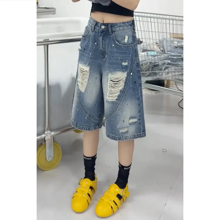 宽松直筒裤百搭夏季显瘦新款阔腿裤女破洞韩版高腰时尚短裤五分裤