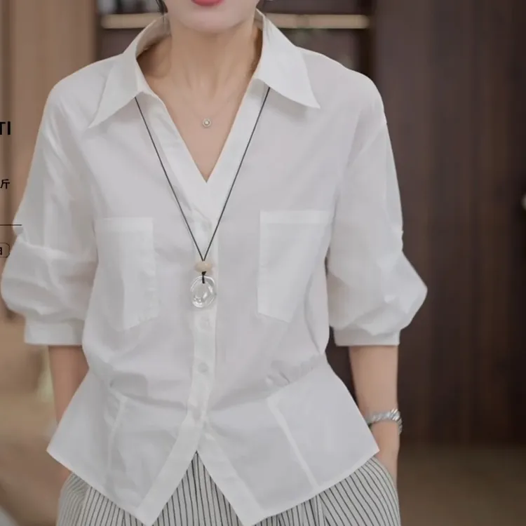 新款轻奢气质洋气纯色短袖显瘦百搭上衣衬衫衬衣2025LK2504956