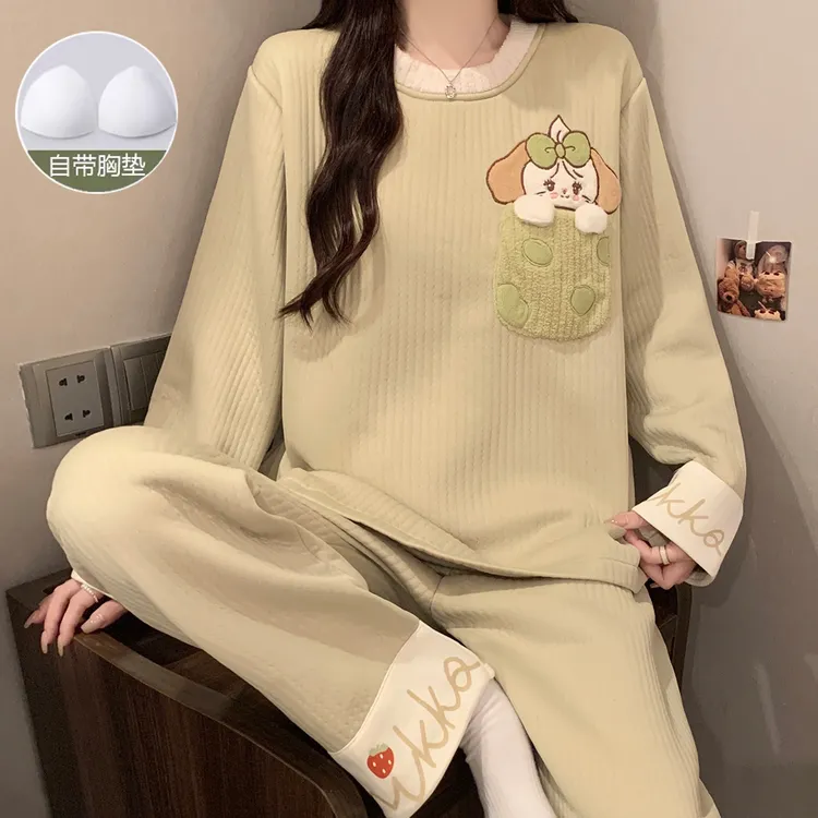 睡衣女带胸垫秋冬季空气棉夹层加厚卡通韩版女士睡衣可外穿家居服