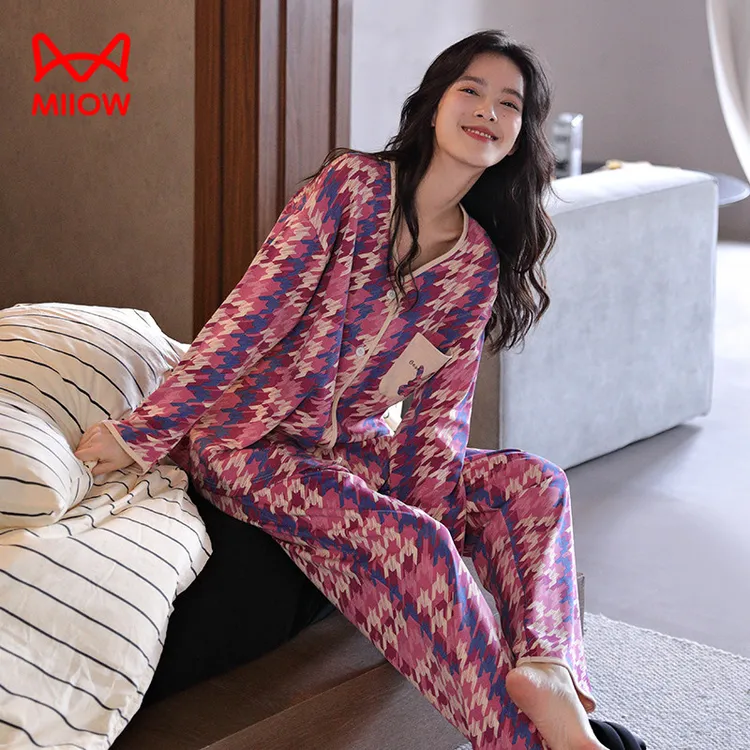 猫人经典睡衣女款春秋季纯棉长袖开衫V领秋冬天时尚网红风家居服