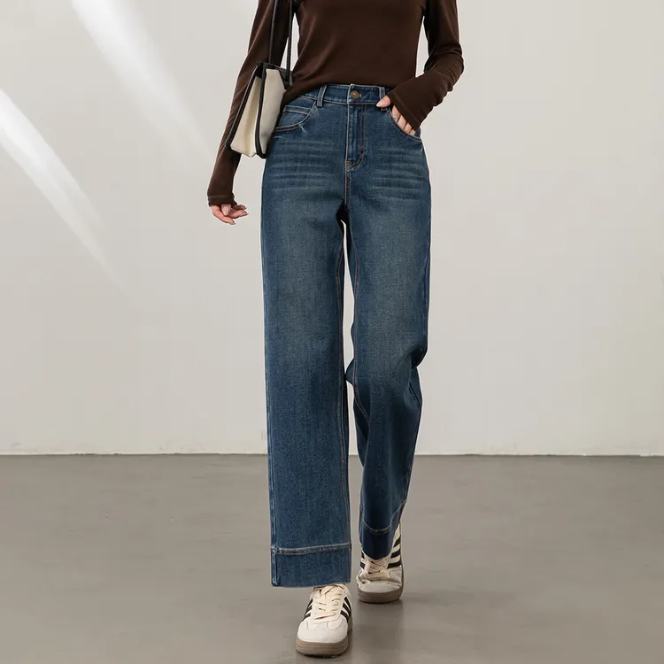 复古蓝窄版直筒牛仔裤女秋季新款大码高腰弹力小个子九分阔腿裤子