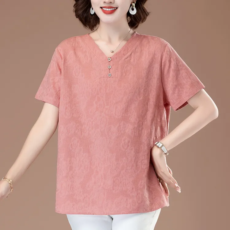 纯棉短袖上衣T恤中年新款爆款时尚翻领妈妈装夏季夏装宽松大码女