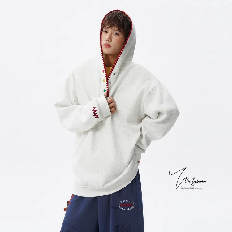 V37美式复古设计感撞色连帽卫衣男秋冬季潮牌宽松休闲情侣装上衣