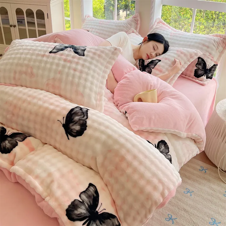 A类泡泡牛奶绒四件套冬季加厚保暖兔毛绒被套宝宝绒加绒双人床单