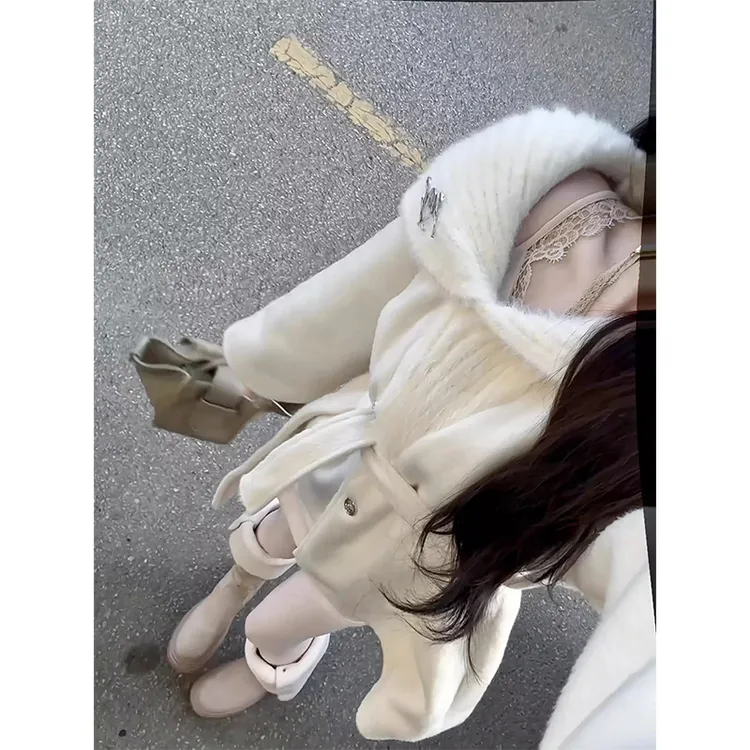 法式白色针织拼接翻领绑带毛呢外套女冬季高级感千金风气质大衣厚