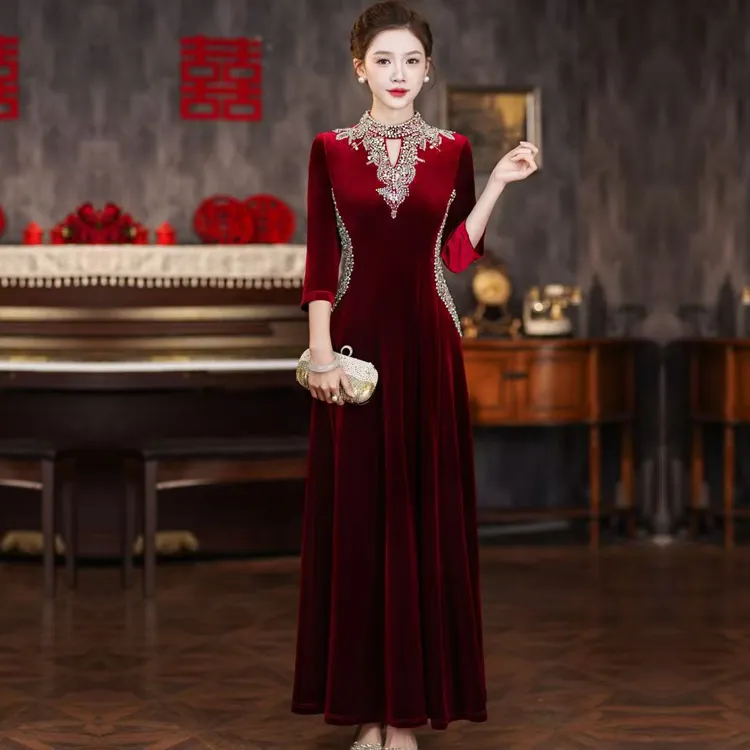 秋冬高贵喜婆婆婚礼宴会新中式旗袍大码修身显瘦妈妈敬酒钉珠礼服