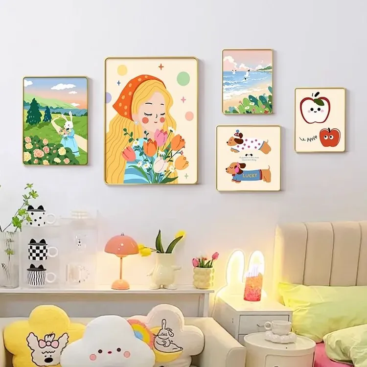 多巴胺客厅装饰画卡通儿童房装饰画卧室艺术奶油组合沙发背景壁画