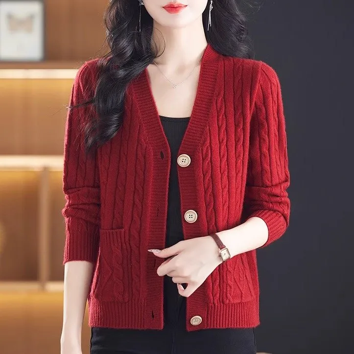 针织开衫2025秋冬新款宽松纯色V领外穿羊毛毛衣外套女专柜正品