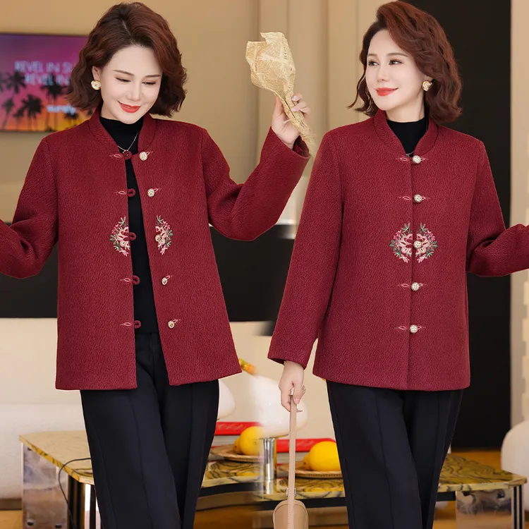 新中式妈妈秋装毛呢外套2025新款中老年喜婆婆婚宴春秋洋气上衣女