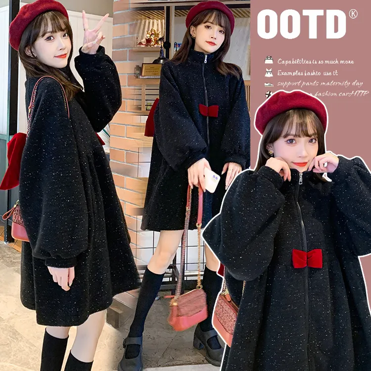 孕妇装2025秋冬新款网红呢子大衣蝴蝶结亮闪闪大码孕妇外套大衣