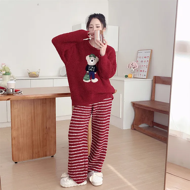 冬季卡通小熊休闲家居服套装女宽松加厚半边绒保暖睡衣长袖可外穿