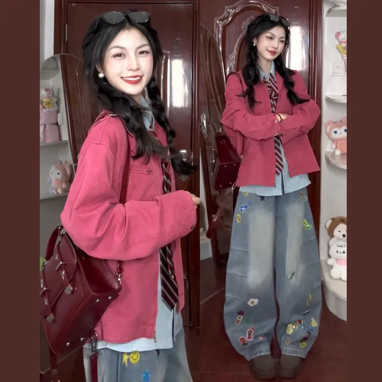 美式oversize短款夹克外套女早秋款2025新款秋冬季粉色工装棒球服