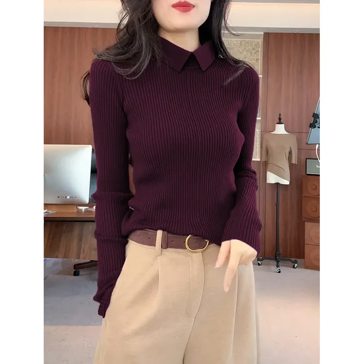 2025秋冬新款气质小众正肩POLO领打底衫修身针织衫内搭毛衣女厚款