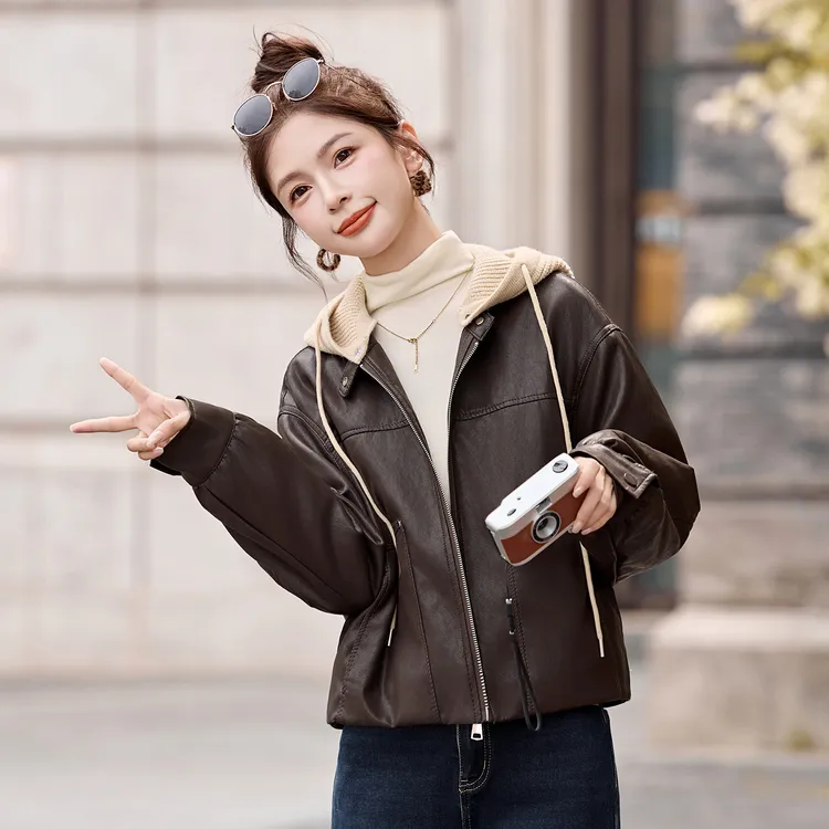 超好看针织连帽皮衣女2025年秋冬爆款小个子休闲百搭加绒夹克外套