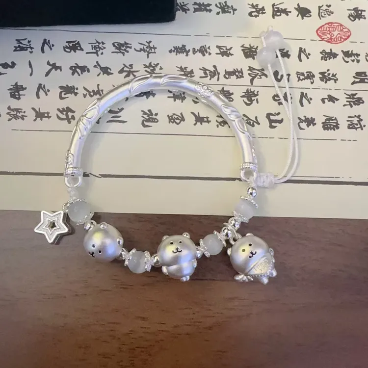 足银手链 足银999自嘲熊半镯手链可爱少女心可调节编织时尚百搭