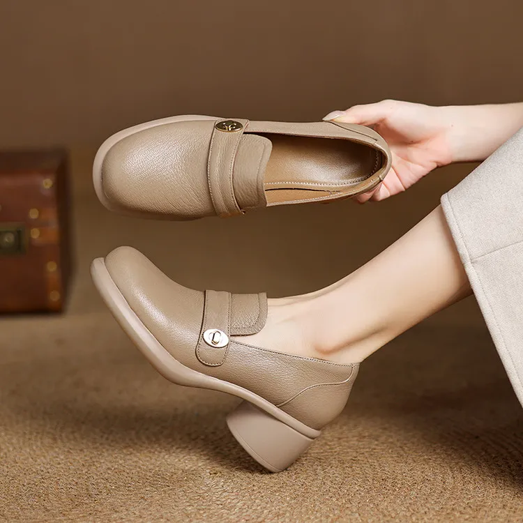 羊皮粗跟乐福鞋女2025早春新款小皮鞋通勤英伦风方头深口女士单鞋