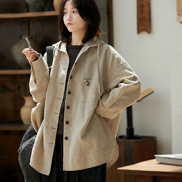 原创亚麻外套女2025春秋新款高端汉麻宽松休闲单排扣连帽衬衫上衣