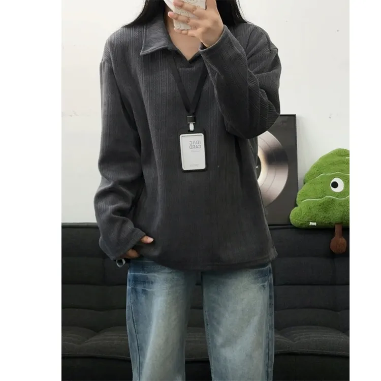 麦穗纹polo衫长袖t恤男款秋季美式提花慵懒风卫衣翻领高智感外套