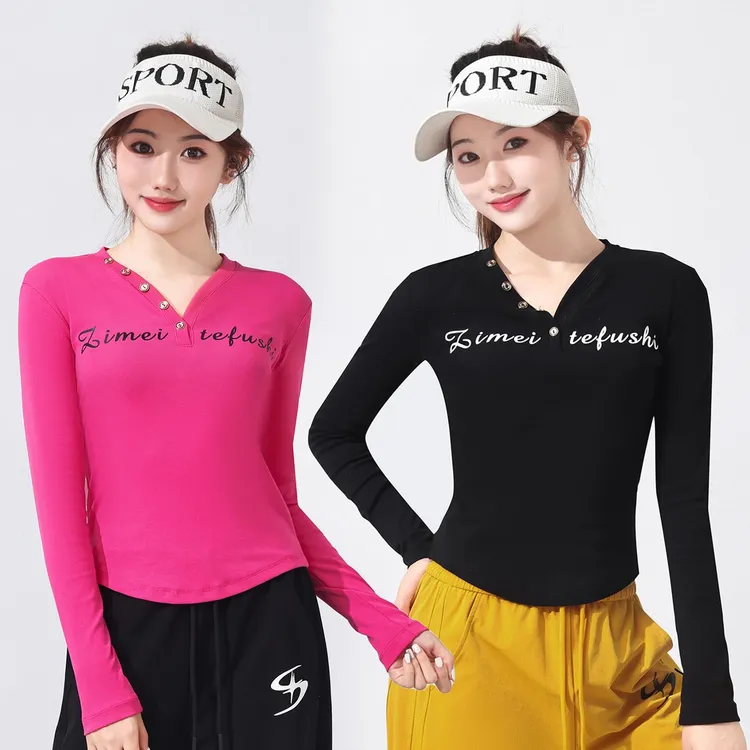 广场舞服装上衣棉钉扣V领长袖运动T恤跳舞健身体操舞蹈练功服春秋
