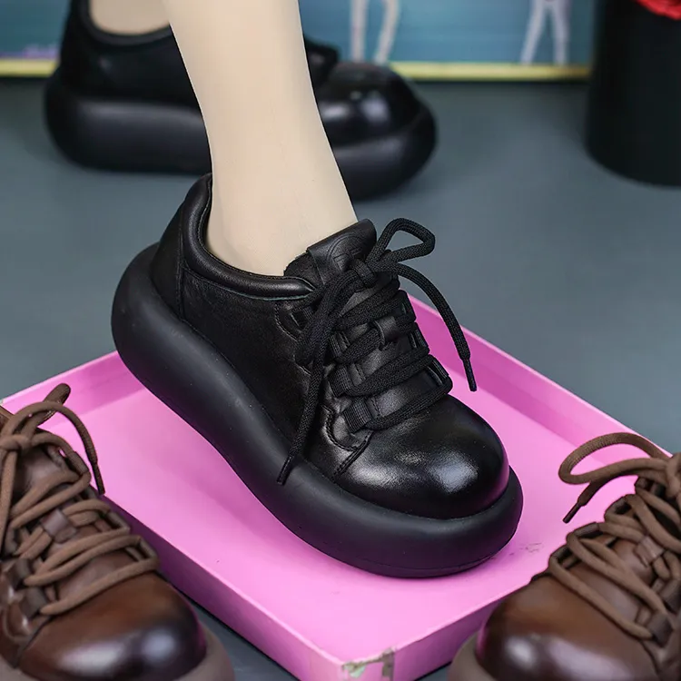 NP25527真皮休闲百搭女鞋头层牛皮圆头粗跟松糕厚底系带增高单鞋