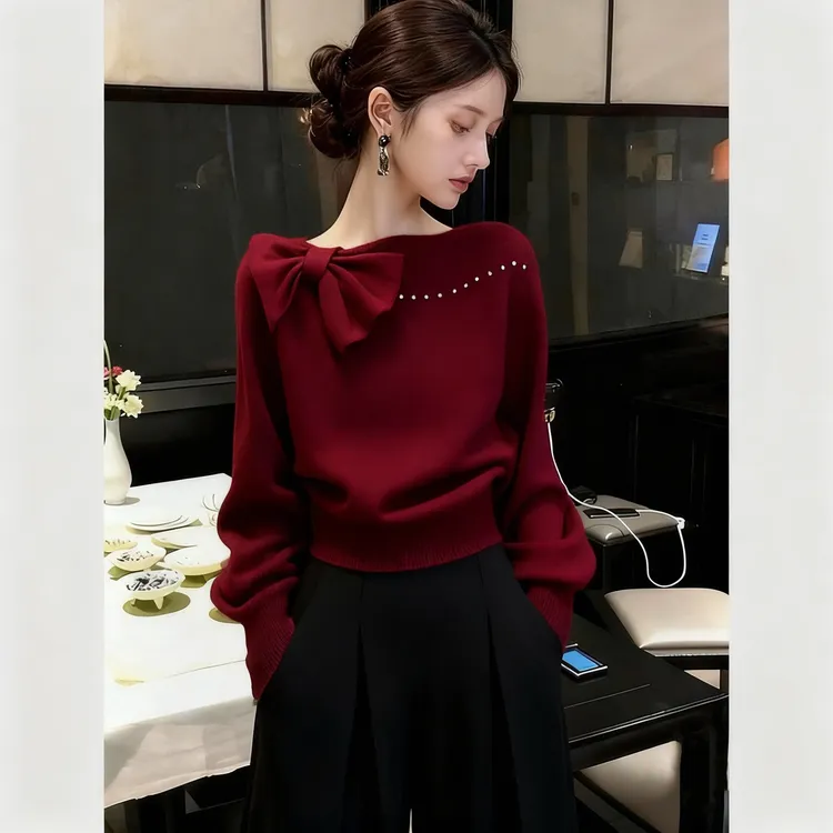毛衣女款2025新款秋冬巨好看气质高端红色蝴蝶结内搭针织衫上衣厚