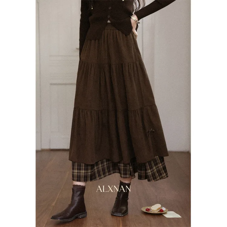 鹿向南「褐咖柔章」美拉德咖色拼接格子长款半身裙女早秋a字长裙