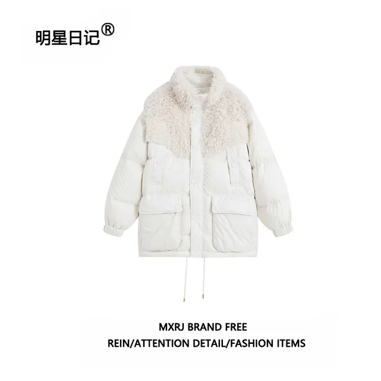 明星日记【新国标90白鸭绒】白鹿同款羊羔绒拼接羽绒服女保暖外套冬