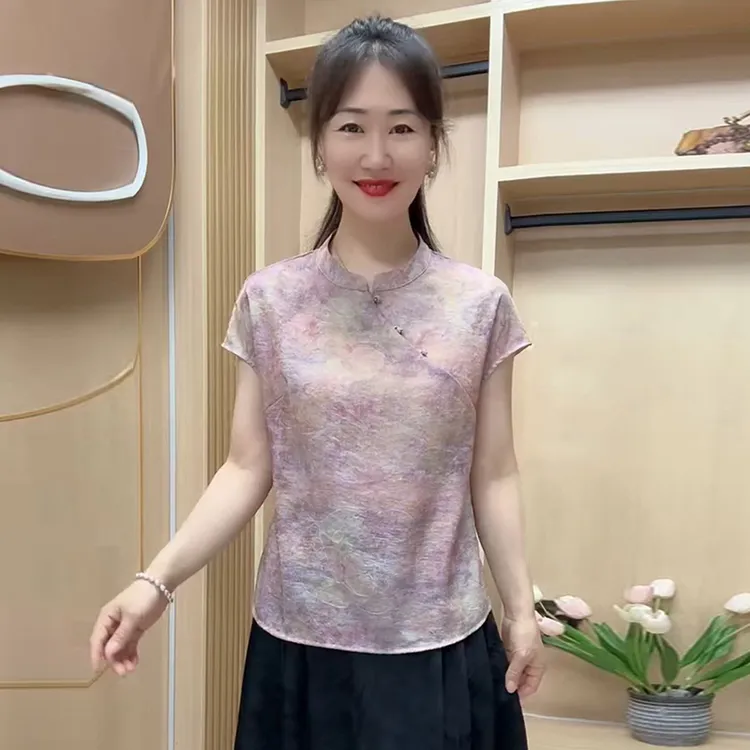 中老年妈妈夏装T恤短袖素雅轻薄上衣短款旗袍衫宽松遮肉洋气小衫
