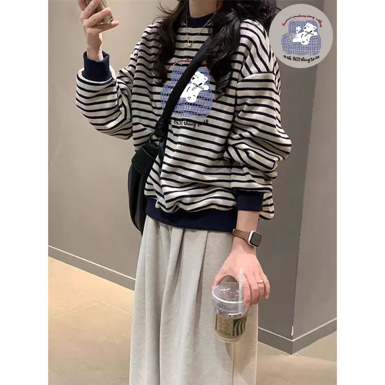 加绒加厚设计感拼接撞色条纹套头卫衣女早秋小众韩系复古长袖上衣