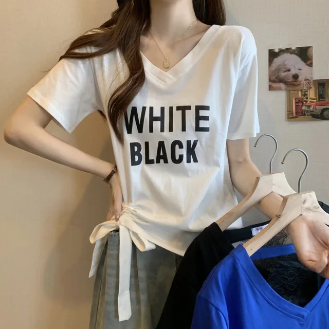 大码夏季2025新款显瘦宽松V领抽绳短袖T恤女胖MM洋气遮肉正肩上衣