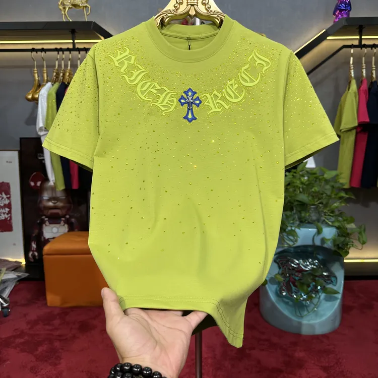2025秋季新款时尚男士烫钻刺绣高品质T恤半袖圆领微阔轻奢镶钻