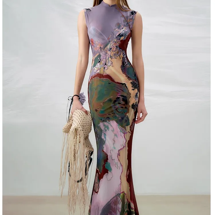 新中式前后两穿撞色旗袍连衣裙女印花鱼尾背心裙