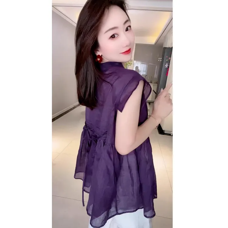 韩系chic洋气减龄高级感超好看薄款上衣气质别致紫色掐腰衬衫女夏