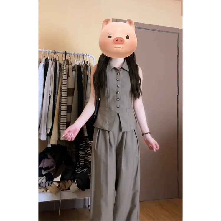 2025夏季新款韩系穿搭修身百搭翻领无袖上衣气质高腰显瘦阔腿长裤