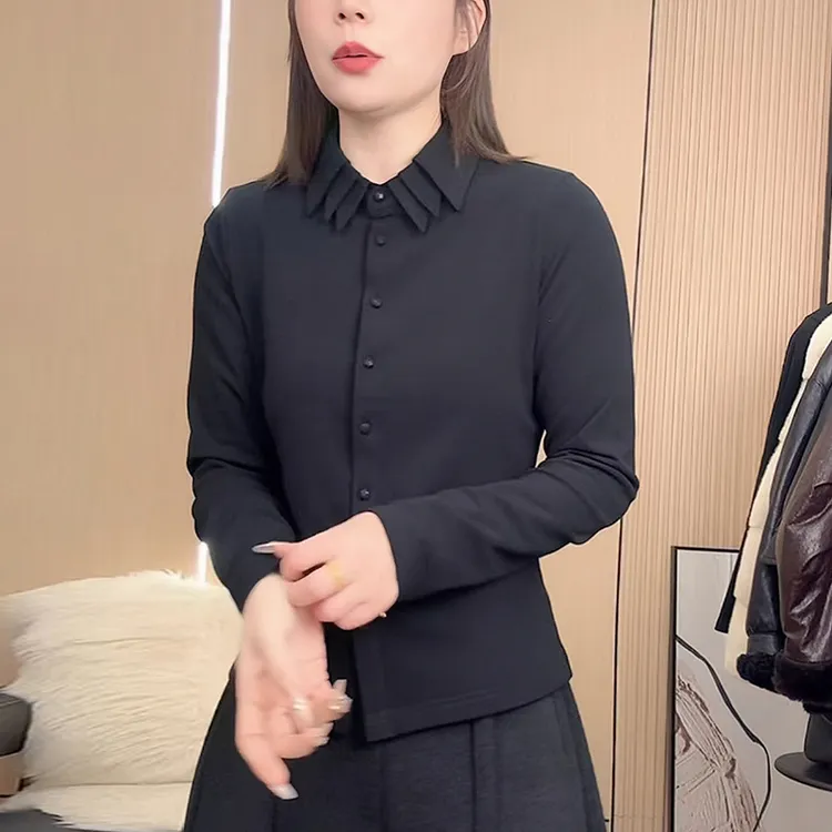 黑色磨毛衬衫女士2025秋冬新款高级感内搭修身显瘦叠穿打底衫上衣